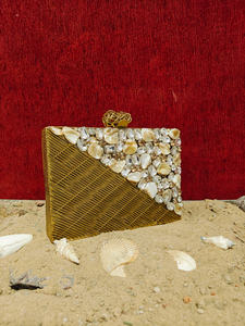 Luxury Handmade <b>Gold</b> Metal <b>Clutch</b> Bag with Mother of Pearl Chips and Crystal Inlay Designer Evening Party Wedding Handbag - Product Image 2