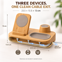 Station de charge 3-en-1 en bambou pour téléphone, montre et écouteurs, avec inserts de chargeur remplaçables, pour la maison et la table de chevet, vente en gros OEM