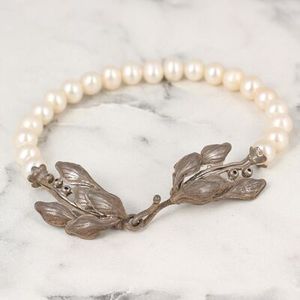 925 Sterling <b>Silver</b> Leaf-Shaped Pearl Fine <b>Charm</b> <b>Bracelet</b> - Product Image 1