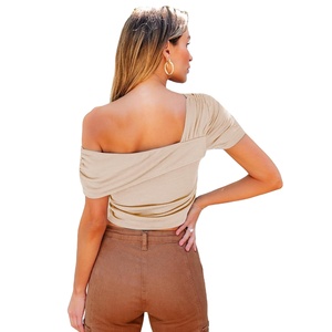 Women <b>One</b> Shoulder Asymmetrical <b>Top</b> Stretchy Knit Summer Casual Trendy Blouse - Product Image 3