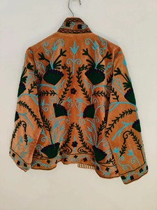 Chaqueta de terciopelo naranja con cuello mandarín bordado, manga larga, estampado floral, estilo chino, ropa exterior informal para otoño, para adultos - Product Image 5