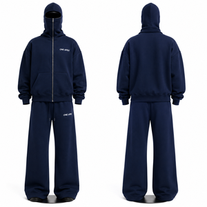 Conjunto Deportivo Personalizado Azul Marino con Capucha Doble, Sudadera con Cremallera Oversize y Pantalones Anchos, Ropa Urbana OEM ODM de Marca Privada - Product Image 5