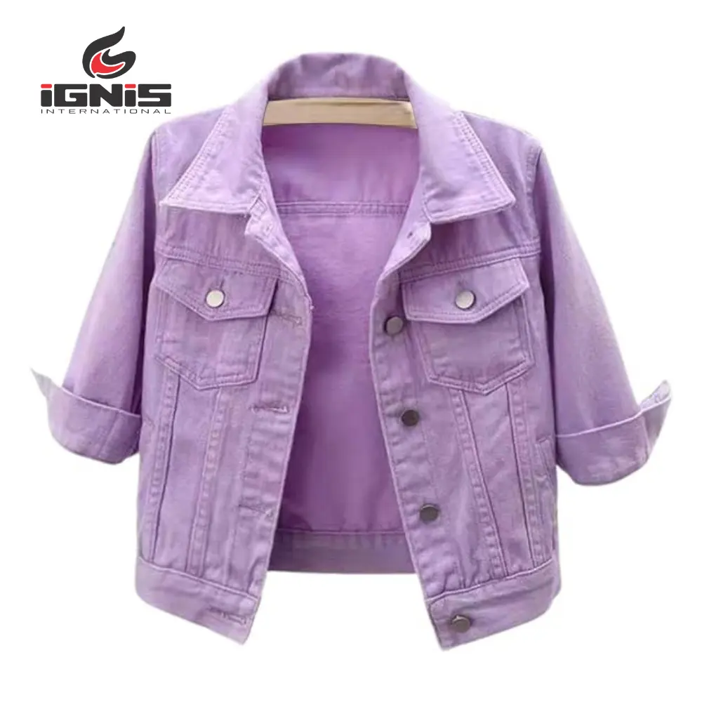 3/4 das mulheres Manga Colorida Cropped respirável Denim Jacket Lavagem Leve Curto Jean Jacket Trucker Coat jaqueta jeans para meninas