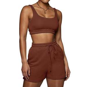 Vente en gros de shorts 100% coton solides et décontractés ensemble de vêtements de sport pour femmes crop top deux pièces et short à cordon - Product Image 4
