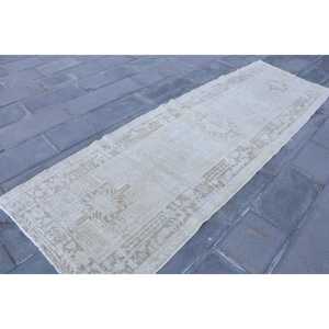 Turkish <b>Runner</b> <b>Rug</b> 3.3x10.3 ft, Vintage White Abstract Wool <b>Rug</b> - Product Image 3