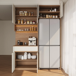 Armoire de rangement de cuisine élégante avec portes en composite bois, niche de préparation du café, sections de garde-manger hautes et design personnalisé sans poignées - Product Image 5