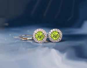 Genuine Peridot Round Halo <b>Earrings</b> Green Crystal <b>Leverback</b> <b>Earrings</b> Sterling Silver Gold Plated Jewelry Gift For Her - Product Image 2
