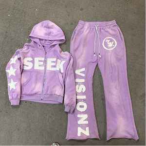 OEM 100% Cotton 450 GSM Custom Distress <b>Embroidery</b> Winter Tracksuit <b>Set</b> for Men Cropped Treading Design Plus Size Option - Product Image 2
