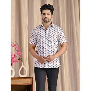Camisa Casual 100% Algodón con Estampado Digital, Blanca, Manga Corta, Tejido Popelina, Transpirable y Suave, Talla XL - Product Image 1