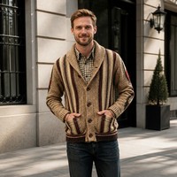 Cardigan en tricot jacquard géométrique pour homme, col mandarin, épais, 100 % polyester, anti-boulochage, hiver, OEM ODM