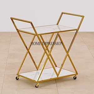 Heavy Duty Metal Made Gold Plated Modern Stylish Hot Selling Trolley With <b>Wheels</b> For Serving Food And Drinks In Home Parties - Product Image 5