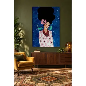 Fida Femme avec deux oiseaux bleus dans une nuit étoilée, impression sur toile - Product Image 5