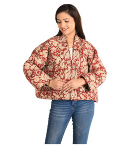 Abrigo corto reversible de otoño para mujer, chaqueta acolchada de algodón con estampado de bloques a mano y bolsillos en el escote, tela tejida con estampado Floral - Product Image 5