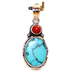 Bijoux du Népal, pendentif en forme de goutte en argent sterling 925, serti de turquoise, de corail, de cristal de guérison, style bohème, plaqué rhodium - Product Image 2