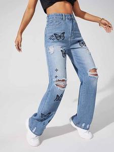 2025 nuevos Pantalones de mujer personalidad espalda grande estampado de mariposa pantalones vaqueros rectos pantalones vaqueros de mujer - Product Image 5
