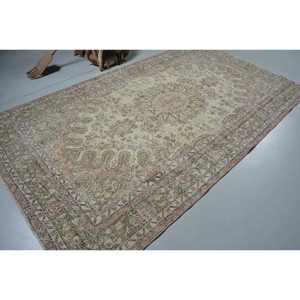 5.7x9.9 ft Vintage <b>Wool</b> Rug Turkish Large Rug Eco-Friendly Patchwork Latex Backing Green <b>Brown</b> Southwestern Rug - Product Image 2