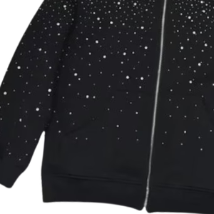 Sweat à capuche unisexe noir avec fermeture éclair, style streetwear oversize, design scintillant en cristal, luxe, coton lourd, veste de mode d'automne - Product Image 3