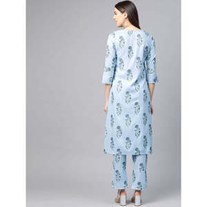 Conjunto de Kurta recto de algodón con estampado floral para mujer con pantalón azul cielo - Product Image 3