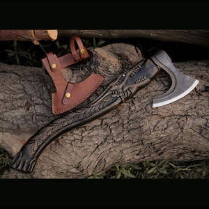 Hache viking artisanale en acier à haute teneur en carbone, gaine en cuir de qualité industrielle, manche en bois naturel, 1,5 kg, camping, quotidien, extérieur - Product Image 1