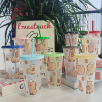 Gobelet en plastique transparent de 24 oz avec couvercle, réutilisable, pour café glacé, imprimé animaux mignons, vaisselle de voyage, vente en gros personnalisée