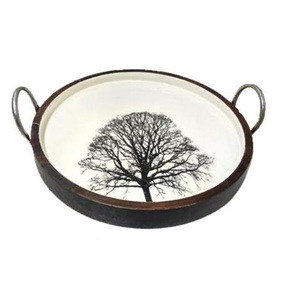 Plateau pouf en bambou naturel Plateau de service en bois Plateau rond en bois avec poignées - Product Image 4