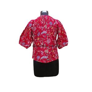 Chemise d'été bohème à motif floral, manches bouffantes, décoration à pompons, imprimé numérique indien, vintage, écologique, non tissée - Product Image 5