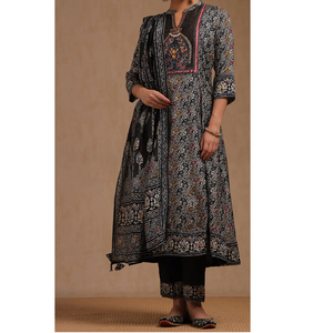 Indian & <b>Pakistani</b> Clothing <b>Black</b> Multicolor Paisley Printed viscose silk Women Kurta <b>Dress</b> with Dupatta Regular Fit for Women - Product Image 1