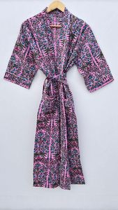 Women's Cotton Floral Kimono Robe Block Print Bridesmaid Dressing Gown for Weddings Nightwear Bathrobe Washable Natural - Product Image 3