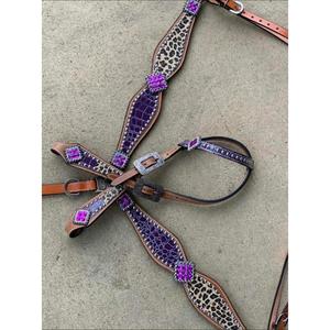 Juego de tachuelas moradas occidentales de cuero auténtico de grado superior con cabezal de herramientas talladas y cuello de pecho a juego para caballos - Product Image 2