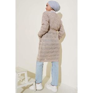 Beige Knitwear <b>Cardigan</b> <b>with</b> Zigzag Patterned Holes Buttons Long Casual Plus Size Acrylic <b>Cardigan</b> for Spring Summer & Winter - Product Image 4