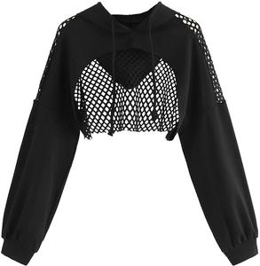 Nouvel arrivage de vêtements d'été pour femmes sweats à capuche en maille contrastée pull à manches longues haut court à capuche pour femmes 2026 - Product Image 1