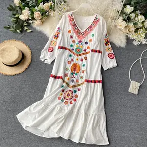 New Multicolor Mexican Style Floral V -Neck Bohemian Retro Holiday Embroidery Long Dress