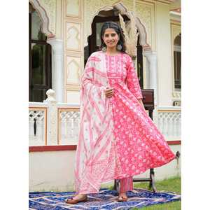 Ensemble Femme Anarkali Kurta Imprimé Floral Rose avec Pantalon & Dupatta - Product Image 2