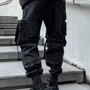 Pantalones Jogger Cargo Negros para Hombre, con Múltiples Bolsillos, Cordón Ajustable, Cintura Alta, Estilo Workwear, Invierno, Casual, Lisos, con Botones - Product Image 3