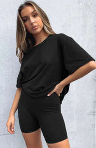 Camiseta de manga corta de verano para mujer, jersey de cuello de Color sólido, Conjunto de camiseta hasta la rodilla de estilo informal a la moda - Product Image 4