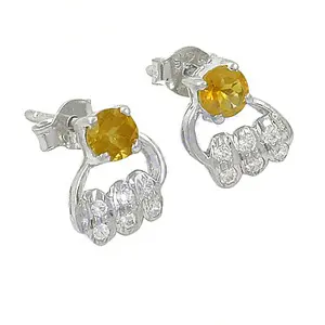 Boucles d'oreilles en argent 925 plaqué or 18 carats avec pierre précieuse citrine Boucles d'oreilles pendantes avec pierre principale en diamant Cadeau pour femme Bijoux - Product Image 1