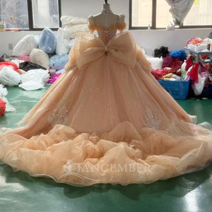 Robes de Quinceañera pour femmes XS242, avec appliques de paillettes, de sequins, de perles et de cristaux, imprimées, à nœud surdimensionné, traîne chapelle, longueur ras du sol - Product Image 3