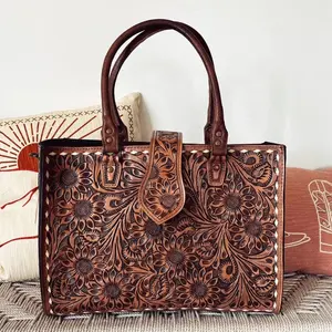 Tendência Design Cow Leather Bohemian Tote Bag Elegante Mão Tooled Carving Purse Sacos de Venda Quente Para Saco das Mulheres