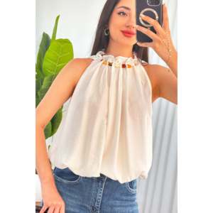 Blouses blanches en gros avec col perlé et design ballon - Blanc - Product Image 3