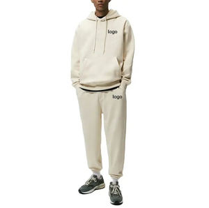 Ensemble de survêtement pour homme en coton 100% beige, coupe ample, avec poignées robustes, respectueux de l'environnement, deux pièces, sweat à capuche et pantalon cargo grande taille - Product Image 1