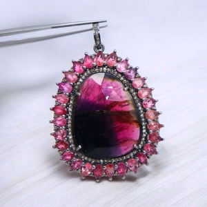 Argent Sterling 925 Naturel Bio Tourmaline Tranche Facettes Coupe Pierre Pendentif À La Main Rose Tourmaline Pendentifs - Product Image 2