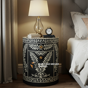 Mesa de Noche Redonda Moderna de Lujo con Incrustaciones de Hueso Negro, Mueble de Dormitorio Floral Hecho a Mano, Mesa Auxiliar para Dormitorio - Product Image 6