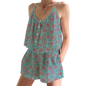 Conjunto de Pijama de Algodón Estampado a Mano al por Mayor para Primavera/Verano, Conjunto de Pijama Floral Ajustado sin Mangas con Tirantes - Product Image 1
