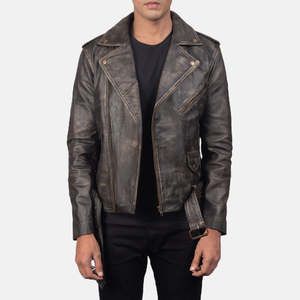 Authentic Men's Vintage Brown Leather Biker Jacket-Genuine Leather Distressed XS Zippered Standing Collar - Product Image 3