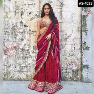 Ấn Độ Và Pakistan Phong Cách Georgette Saree Nặng In Kỹ Thuật Số Và Sẵn Sàng Trình Tự Làm Việc Lụa Satin In Kỹ Thuật Số Ren Biên Giới Sari - Product Image 2
