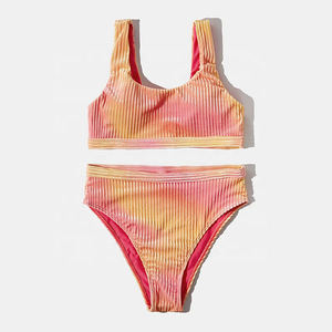 Haut de bikini froissé à bretelles réglables d'été personnalisé pour femmes et bas côtelé ensemble de vêtements de plage texturé extensible 2 pièces - Product Image 2