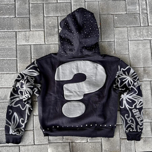 customized men heavyweight hoodie boxy <b>cropped</b> <b>zip</b> <b>up</b> rhinestone acid wash 100% cotton vintage puff printing hoodie for men 2025 - Product Image 6