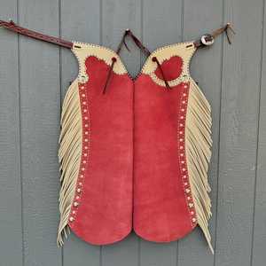 Chaps en cuir véritable de couleur beige et rouge de qualité supérieure usinés à la main couleurs et tailles assorties disponibles fabricants de vente chauds - Product Image 1