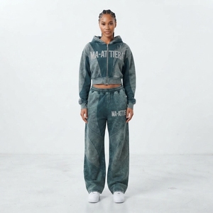 Conjunto de Sudadera Corta con Cremallera y Pantalones Jogger de Pierna Ancha para Mujer, Color Verde Azulado Oscuro, Lavado Ácido, de Algodón y Felpa, Estilo Urbano, OEM al por Mayor - Product Image 1