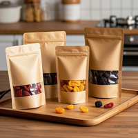 Pochette alimentaire premium personnalisée avec fenêtre transparente, fond plat, fermeture éclair, certifiée ISO, compostable, avec logo couleur sur mesure, marron